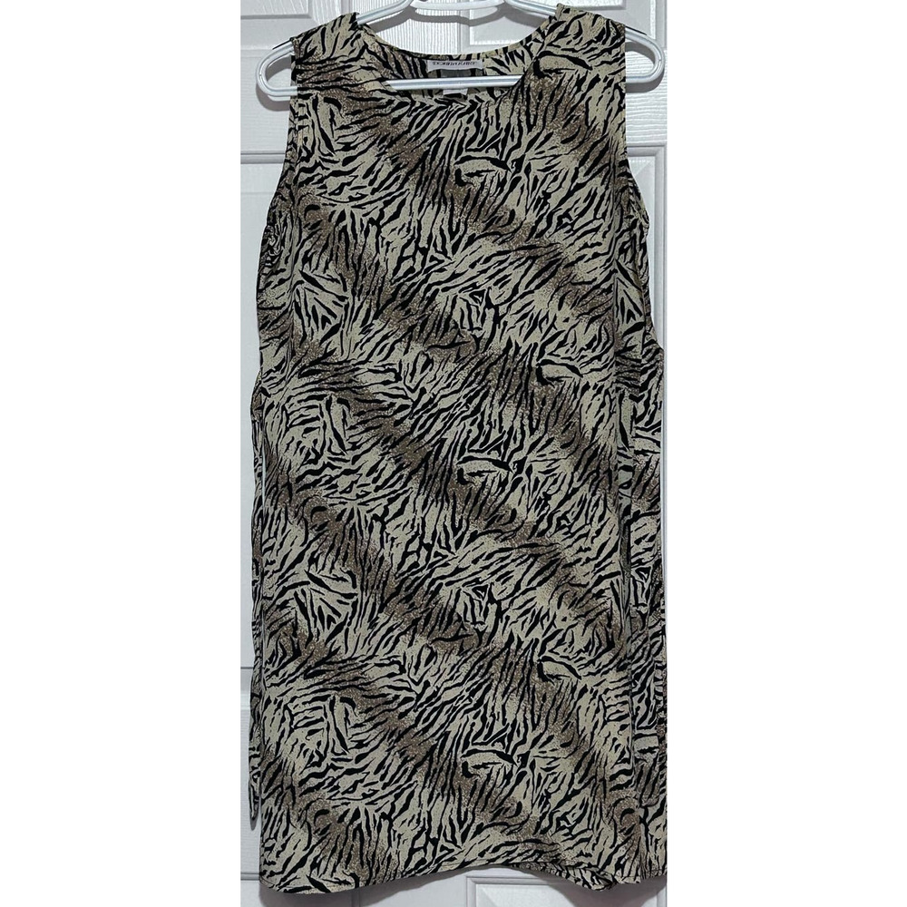 Donna Kary Women's Vintage Sleeveless Animal Print Black Tan Tie Up Dress Size M